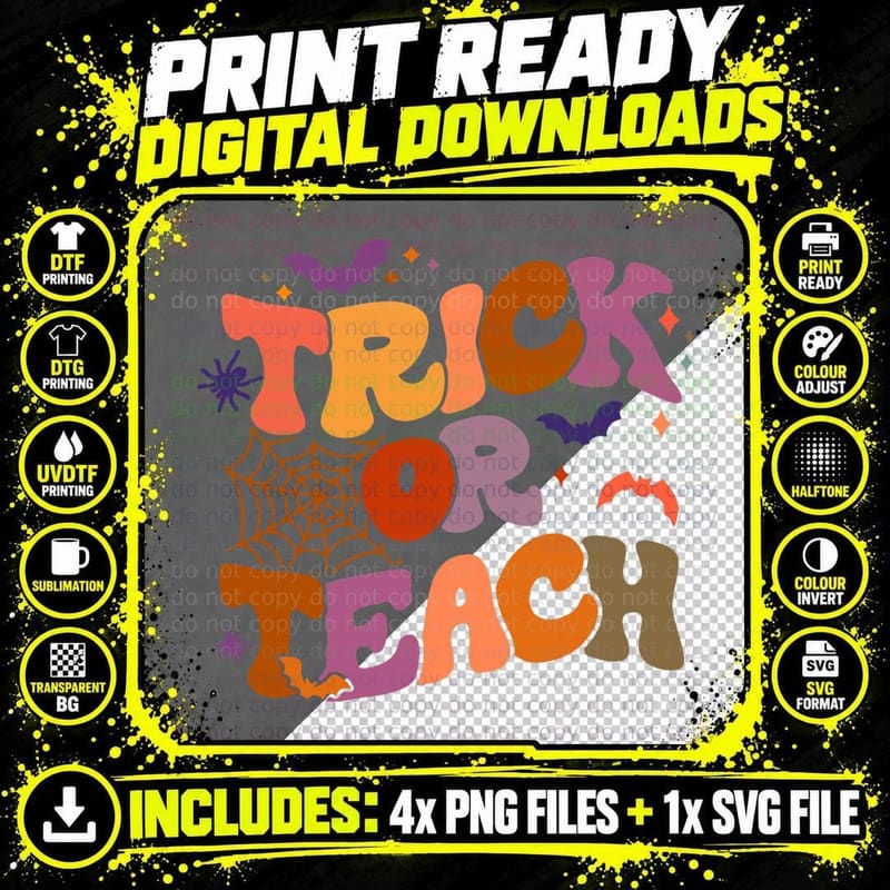 Halloween Retro Vintage Groovy Trick or Teach Teacher Png SVG Digital Bundle