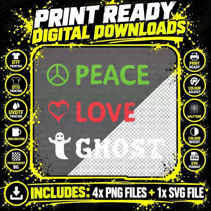 Halloween Scary Hippie Ghost Spooky Boo Peace Love Funny Png SVG Digital Bundle