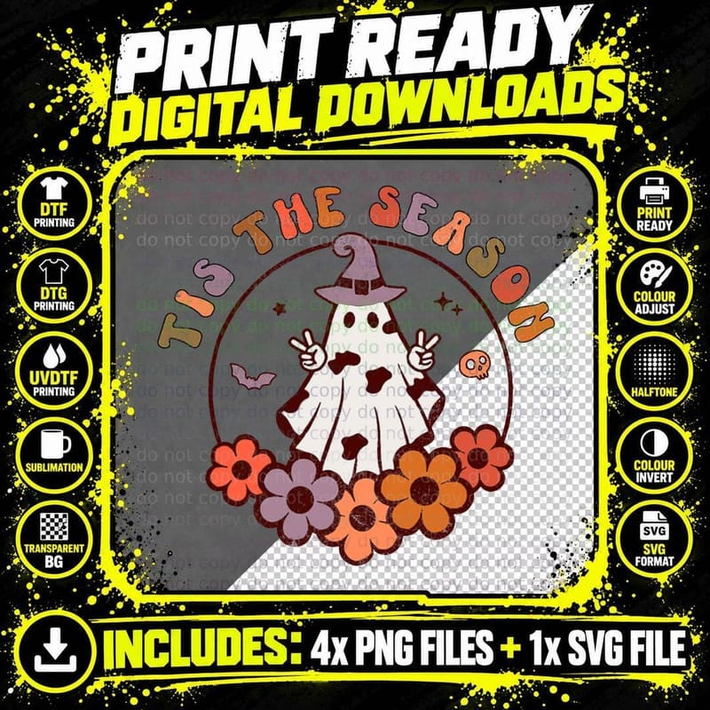 Halloween Season Retro Groovy Halloween Ghost Witchy Png SVG Digital Bundle