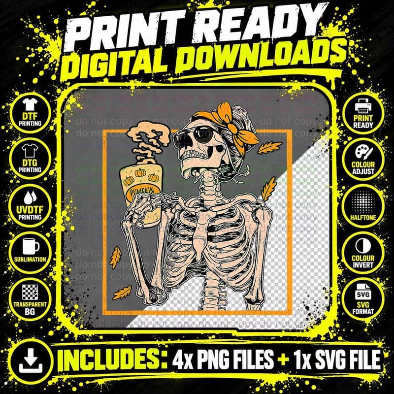 Halloween Skeleton Pumpkin Spice Latte Syrup Creamer Png SVG Digital Bundle