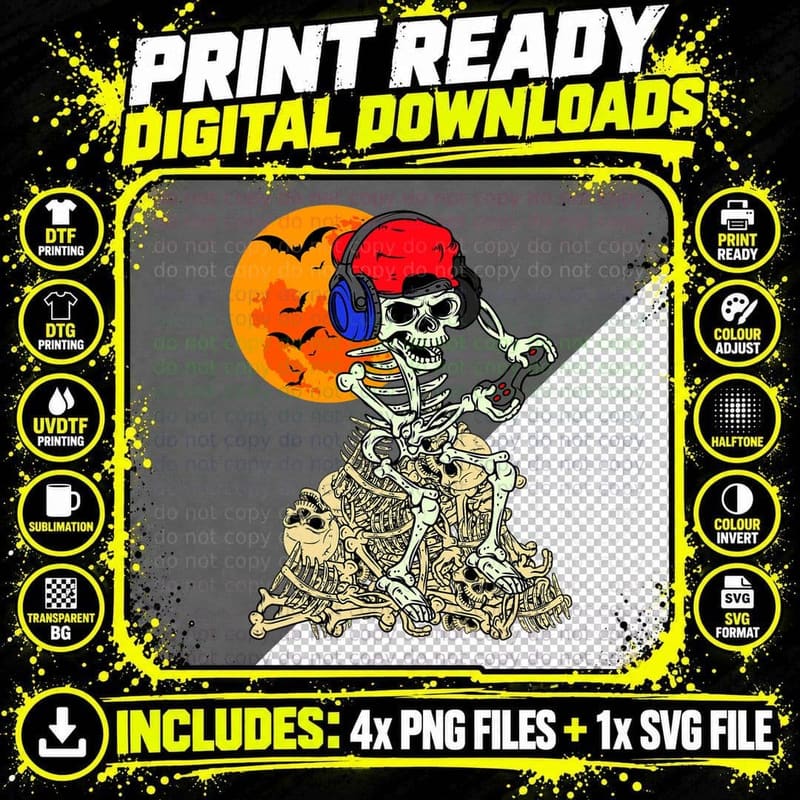 Halloween Skeleton Vintage Gamer Funny Gaming Boys Kids Png SVG Digital Bundle