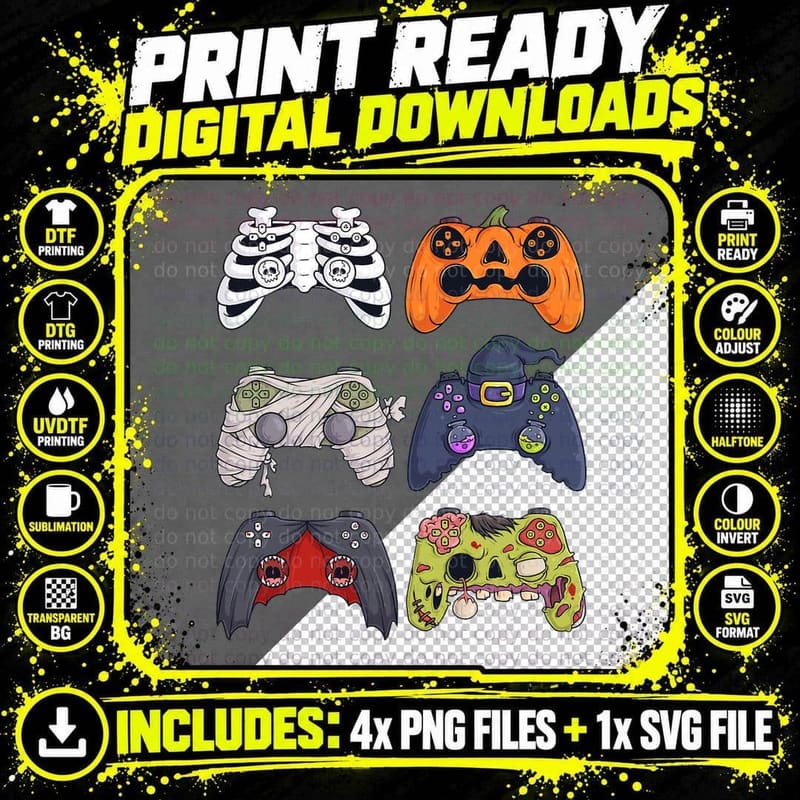 Halloween Skeleton Zombie Gaming Controllers Mummy Boys Png SVG Digital Bundle