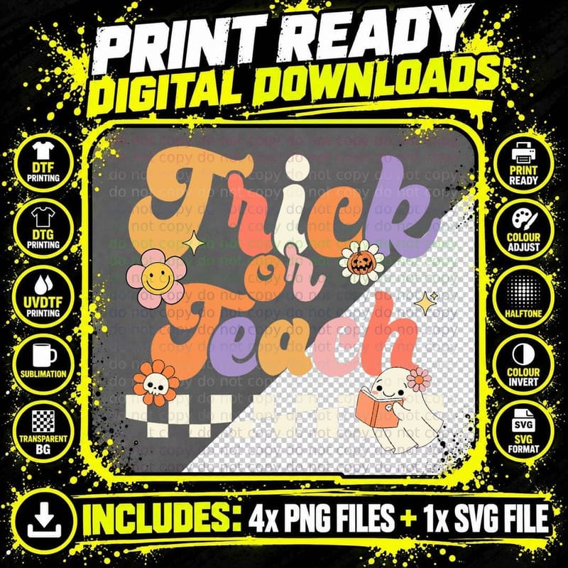 Halloween Trick or Teach Retro Groovy Teacher Hippie Png SVG Digital Bundle