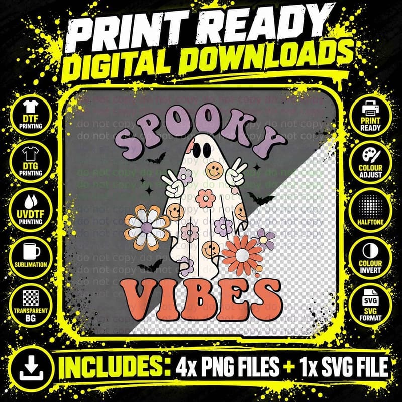 Halloween Trick or Treat Spooky Vibes Ghost Groovy Retro Png SVG Digital Bundle