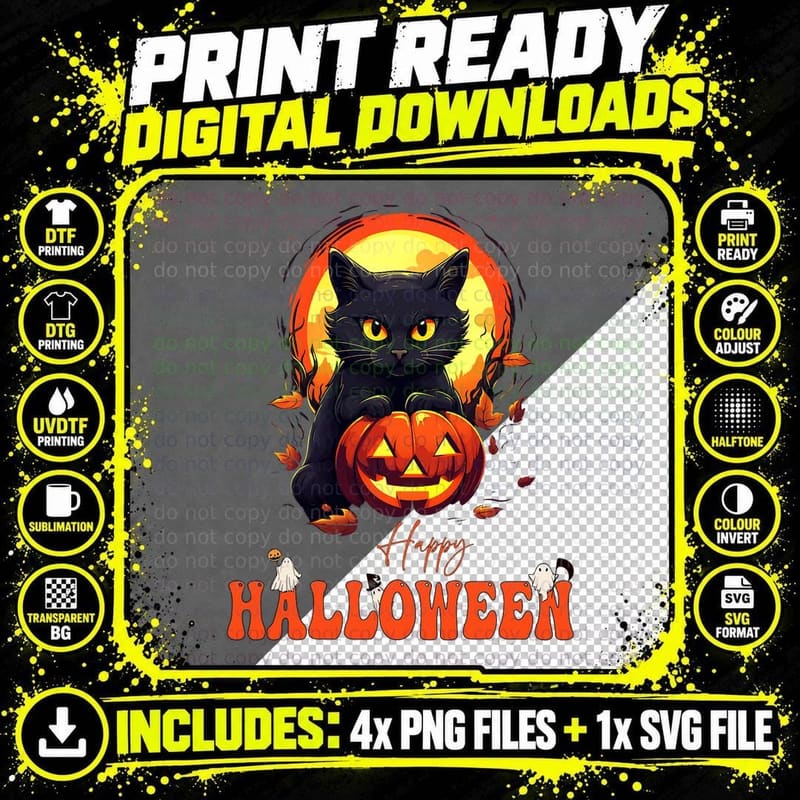 Happy Halloween Black Cat Scary Cat Ghost Pumpkin Women Png SVG Digital Bundle