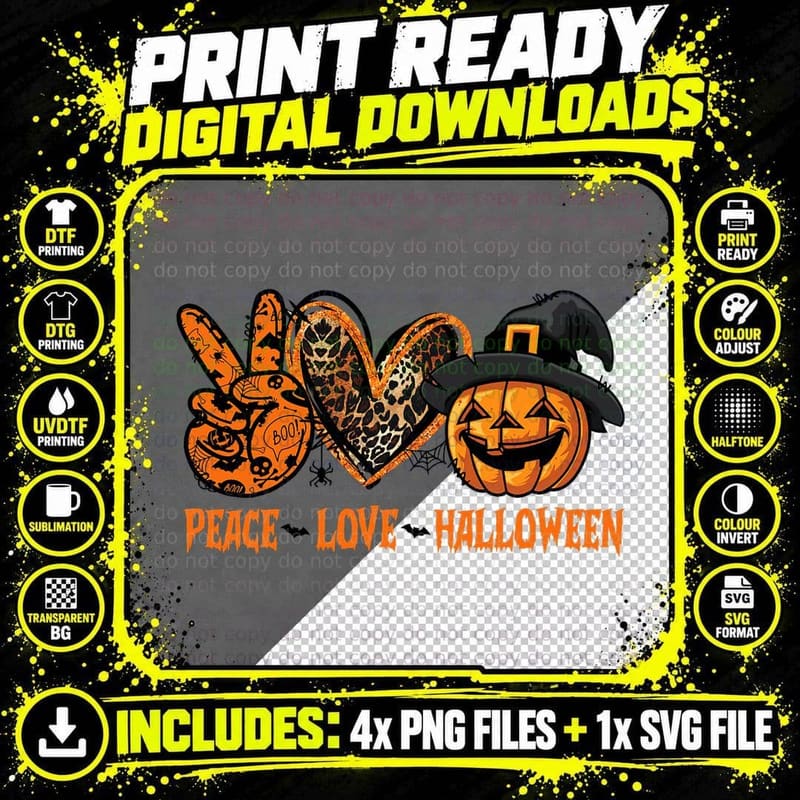 Happy Halloween Peace Love Halloween Pumpkin Leopard Png SVG Digital Bundle