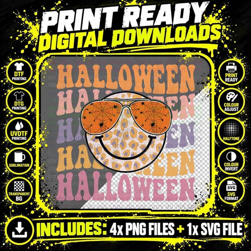 Happy Halloween Retro Groovy Face Leopard Hippie Spooky Png SVG Digital Bundle