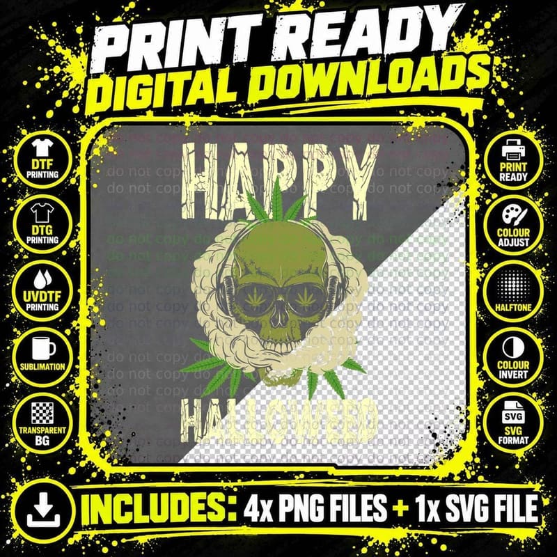 Happy Halloween Weed Skull Skeleton Smoking Marijuana Png SVG Digital Bundle