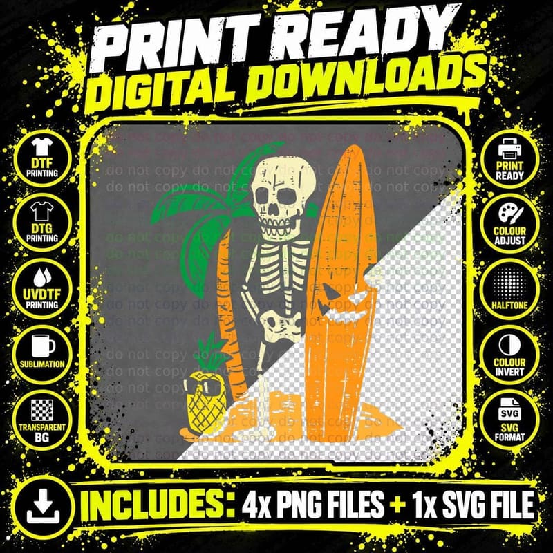 Hawaii Surfer Skeleton Cool Chill Halloween Beach Men Png SVG Digital Bundle