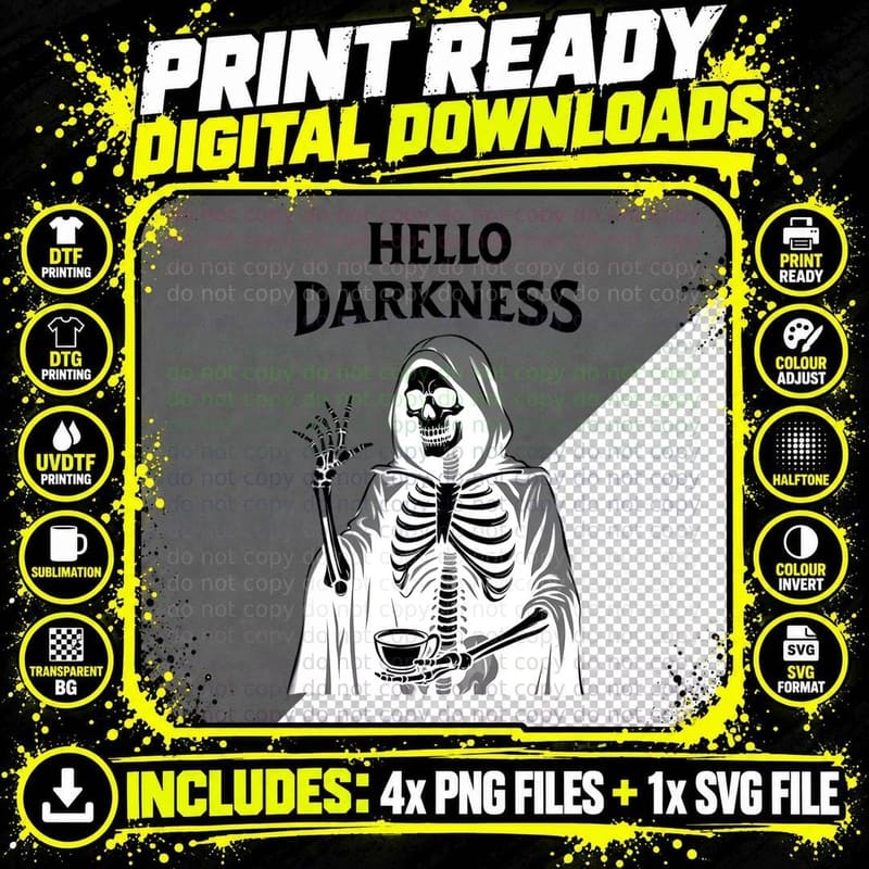 Hello Darkness Grim Reaper, Sarcastic Skeleton Coffee Png SVG Digital Bundle