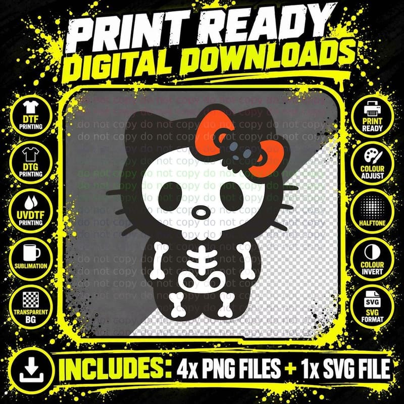 Hello Kitty Skeleton Halloween Tee Shirt Png SVG Digital Bundle