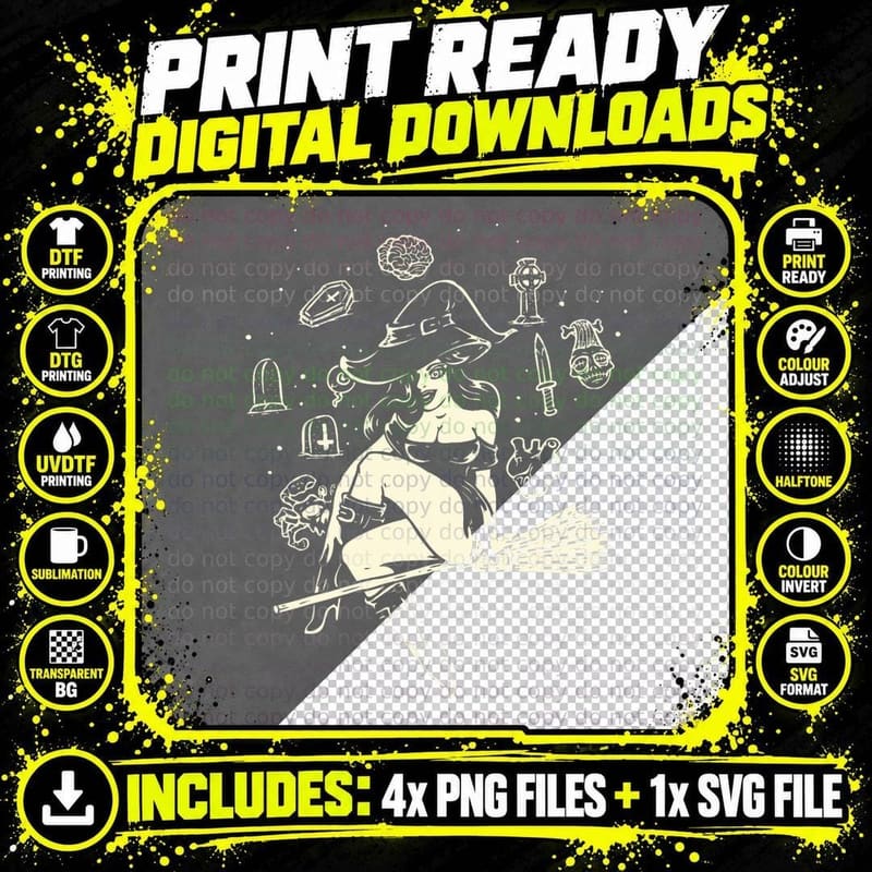 Horror Art - Sexy Halloween Witch - Psychobilly Punk Art Png SVG Digital Bundle