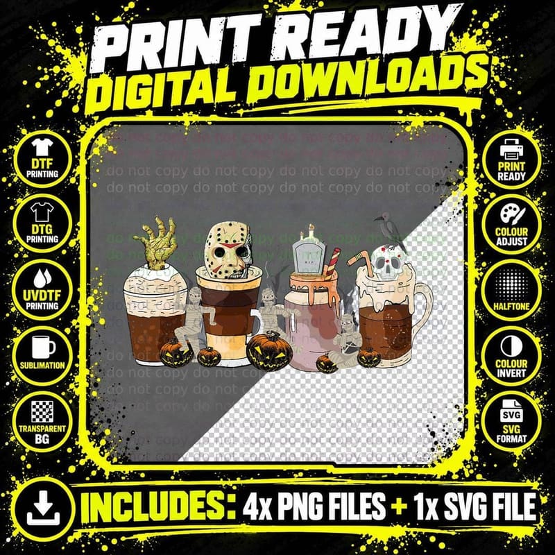 Horror Fall Coffee Pumpkin Spice Latte Iced Halloween Png SVG Digital Bundle