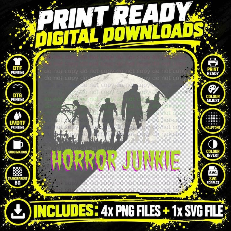 Horror Junkie Zombies T-Shirt, Silhouettes Full Moon Png SVG Digital Bundle