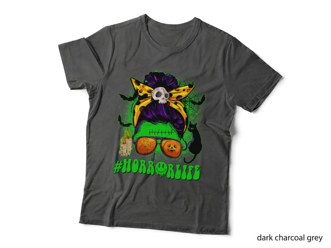 Horror Life Halloween Horror Movie Momster Messy Bun Skull T-Shirt