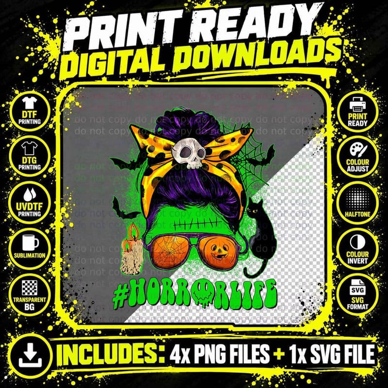 Horror Life Halloween Horror Movie Momster Messy Bun Png SVG Digital Bundle