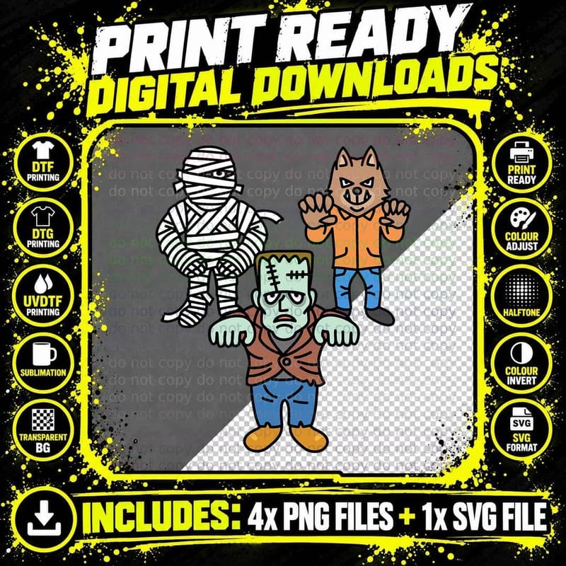 Horror Movie Monster Mummy Werewolf Frankenstein Comic Png SVG Digital Bundle