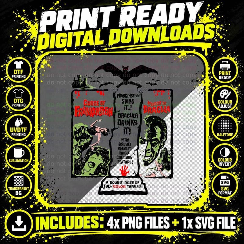 Horror Movie Vintage Dracula Halloween Frankenstein Png SVG Digital Bundle