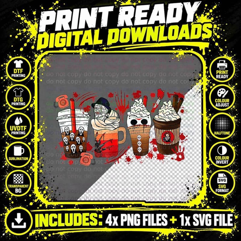 Horror Movie and Coffee Halloween Spooky Season Fall Png SVG Digital Bundle