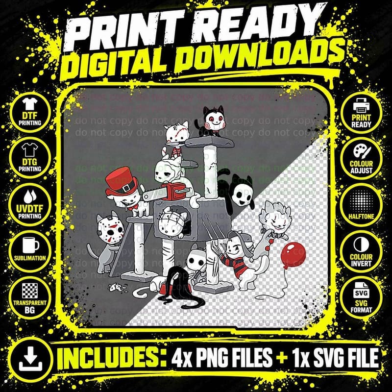 Horror Movies Cat Funny Halloween T-Shirt Png SVG Digital Bundle