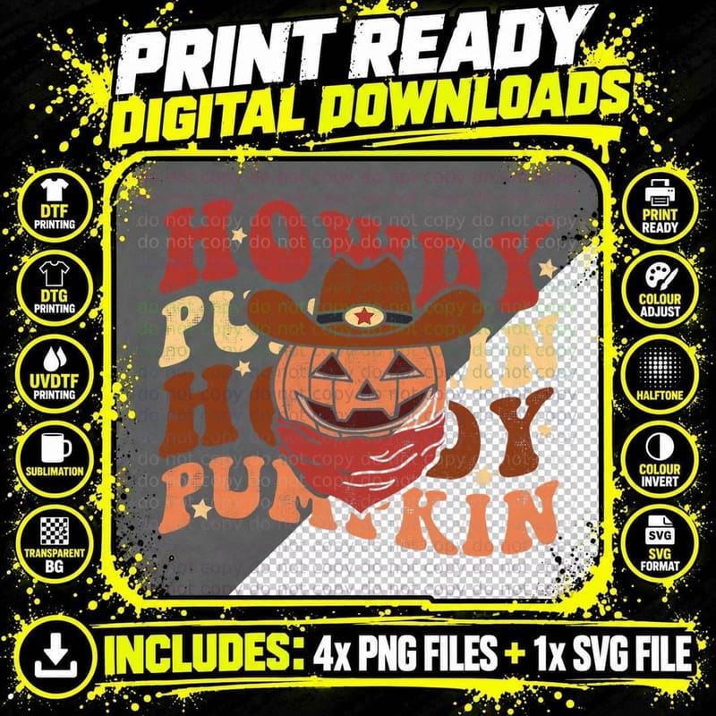 Howdy Pumpkin Cowboy Groovy Retro Halloween Spooky Png SVG Digital Bundle