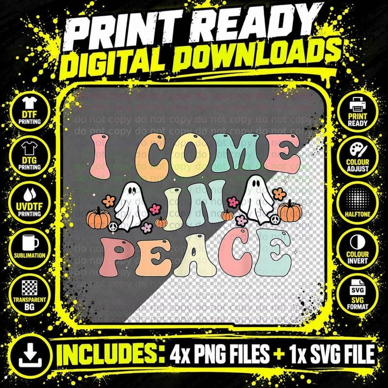 I Come in Peace I'm Peace Groovy Retro Ghost Halloween Png SVG Digital Bundle