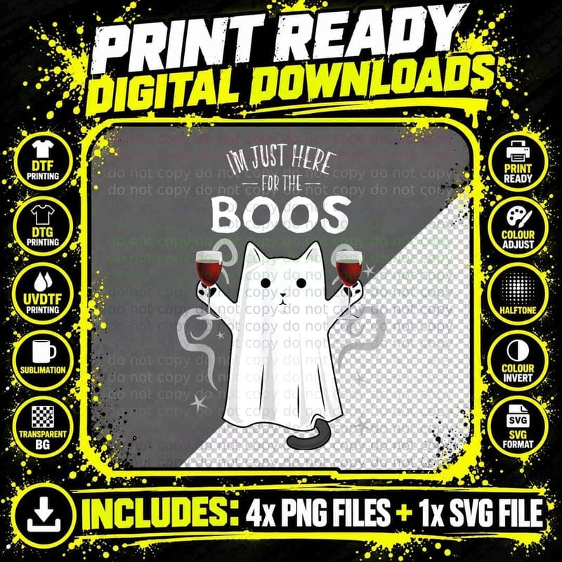 I'm Just Here for the Boos Shirt Halloween Cat Ghost Png SVG Digital Bundle