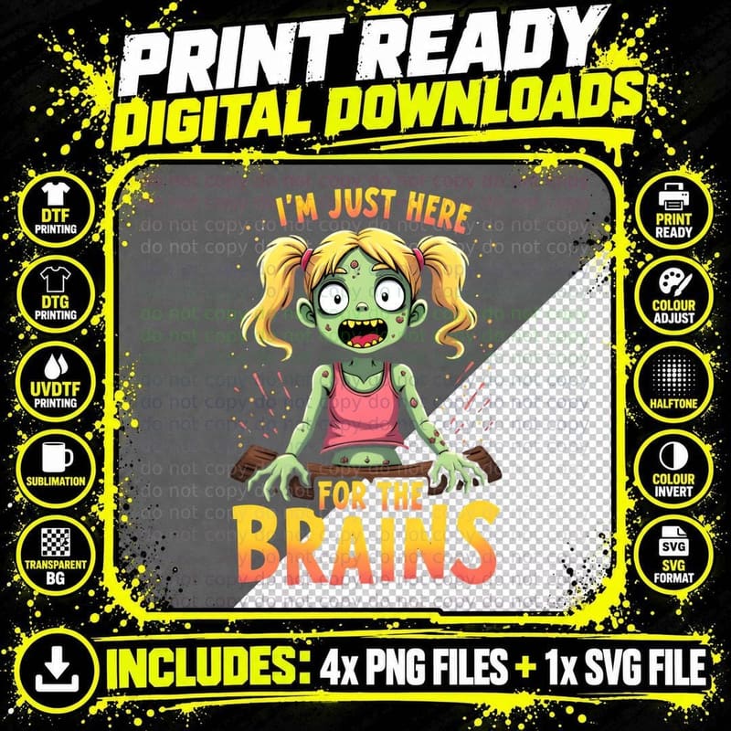 I'm Just Here for the Brains Zombie Girl Halloween Png SVG Digital Bundle