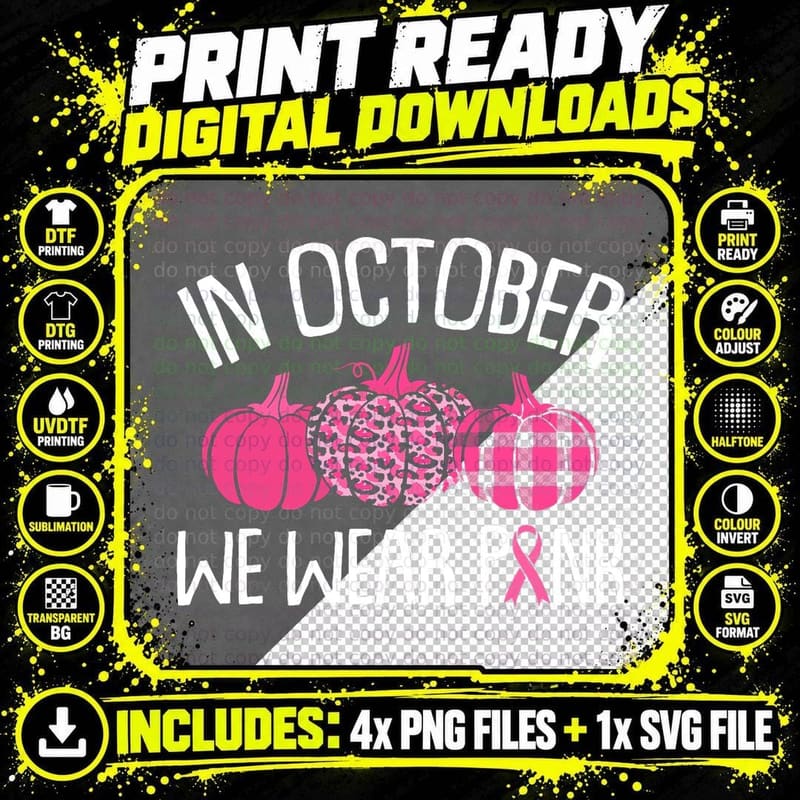 In October We Wear Pink Breast Cancer Awareness Cute Png SVG Digital Bundle