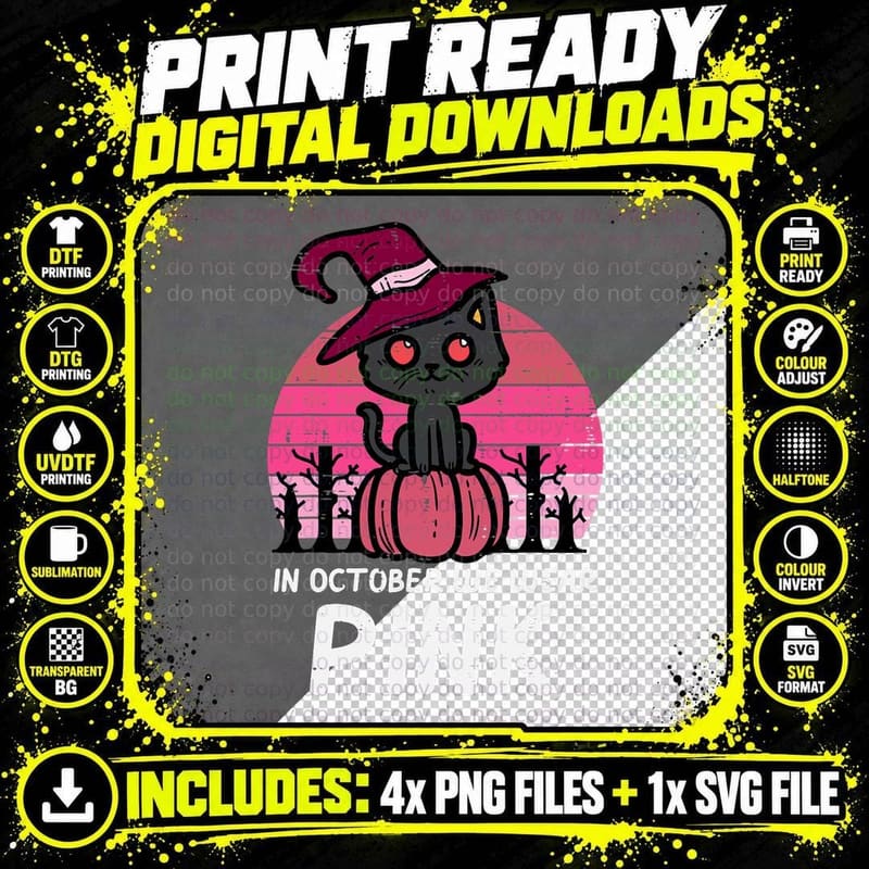 In October We Wear Pink Pumpkin Cat Breast Cancer Png SVG Digital Bundle