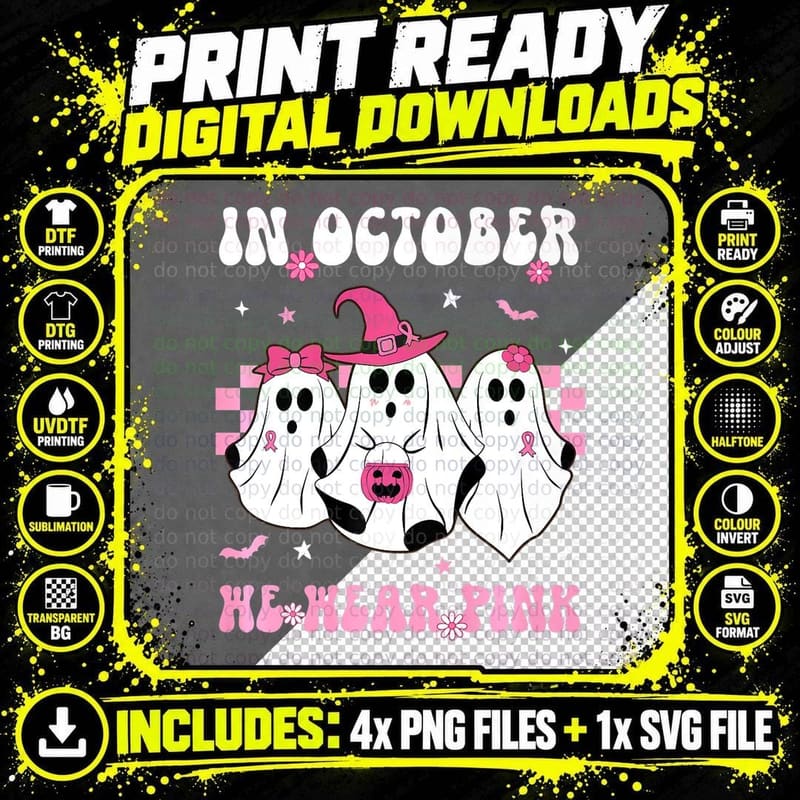 In October We Wear Pink Retro Ghosts Halloween Breast Png SVG Digital Bundle