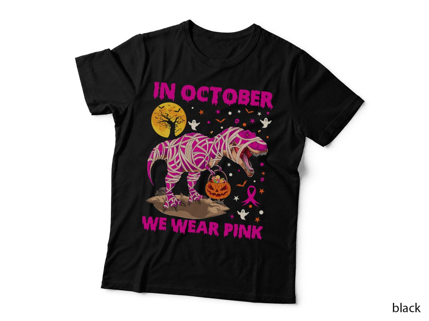 In October We Wear Pink Ribbon Dinosaur T Rex Ghost Pumpkin T-Shirt
