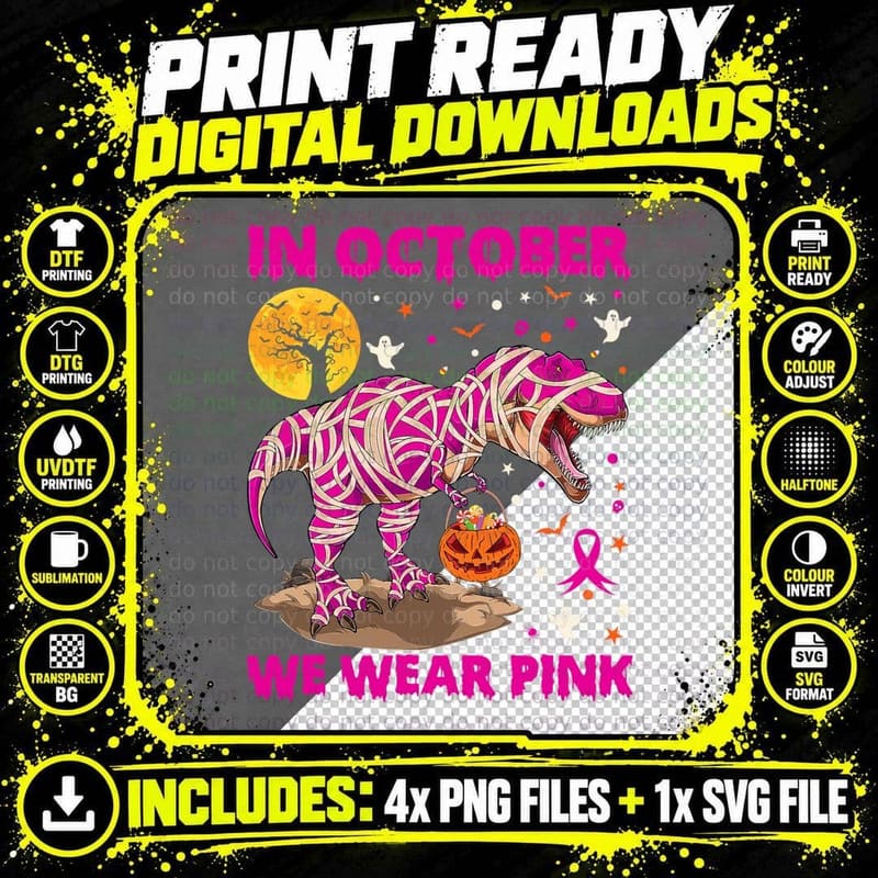 In October We Wear Pink Ribbon Dinosaur T Rex Ghost Png SVG Digital Bundle