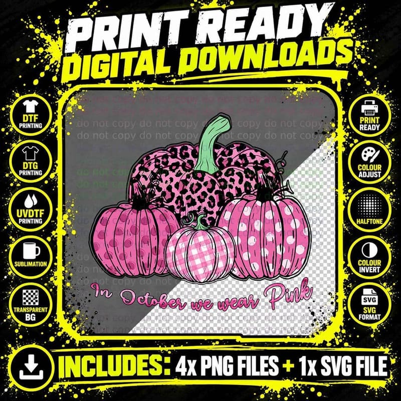 In October We Wear Pink Ribbon Leopard Pumpkin Breast Png SVG Digital Bundle
