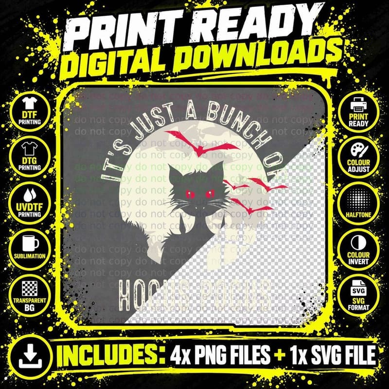 It's Just a Bunch of Hocus Pocus Vintage Halloween Black Png SVG Digital Bundle