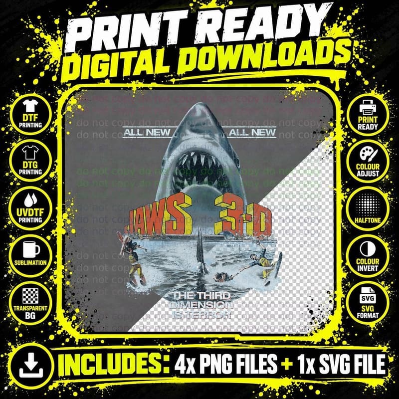 Jaws 3D Shark Attack T-Shirt, Surfing Horror Png SVG Digital Bundle