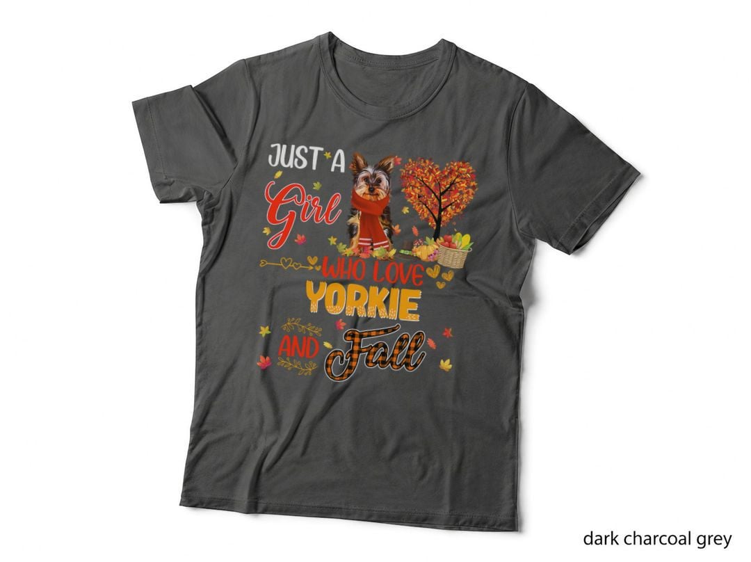 Just Agirl Who Loves Yorkie and Fall Pumpkin Autumn Leaf T-Shirt