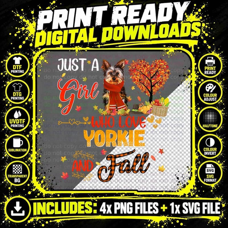 Just Agirl Who Loves Yorkie and Fall Pumpkin Autumn Leaf Png SVG Digital Bundle
