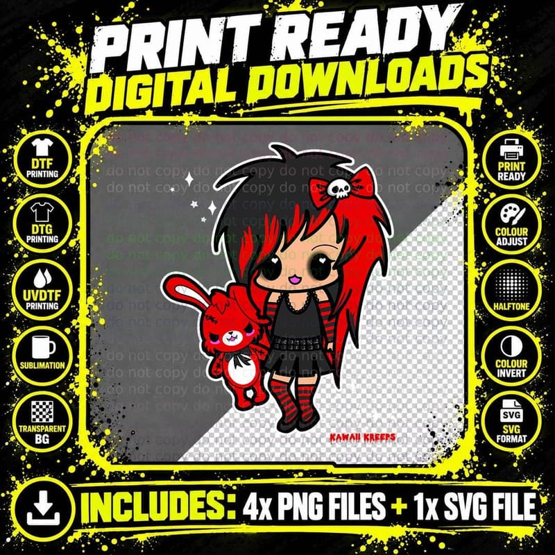 Kawaii Emo Chibi Egirl Scene Kid Goth Gothic Creepy Png SVG Digital Bundle