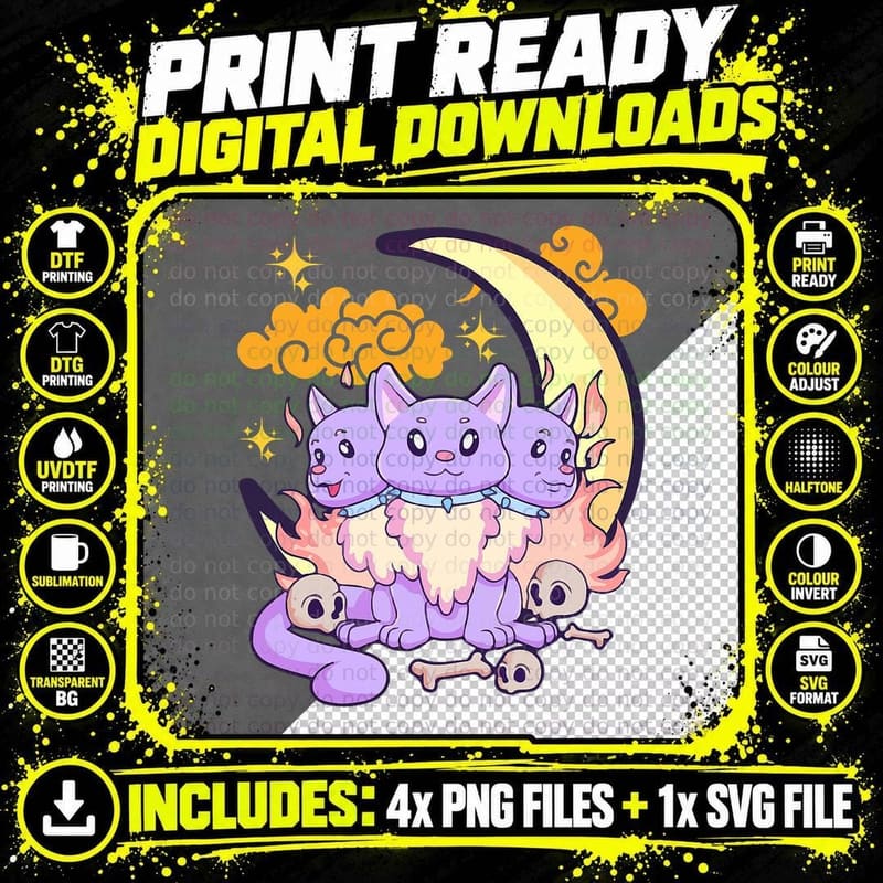 Kawaii Pastel Goth Cute Creepy 3 Headed Dog Halloween Png SVG Digital Bundle