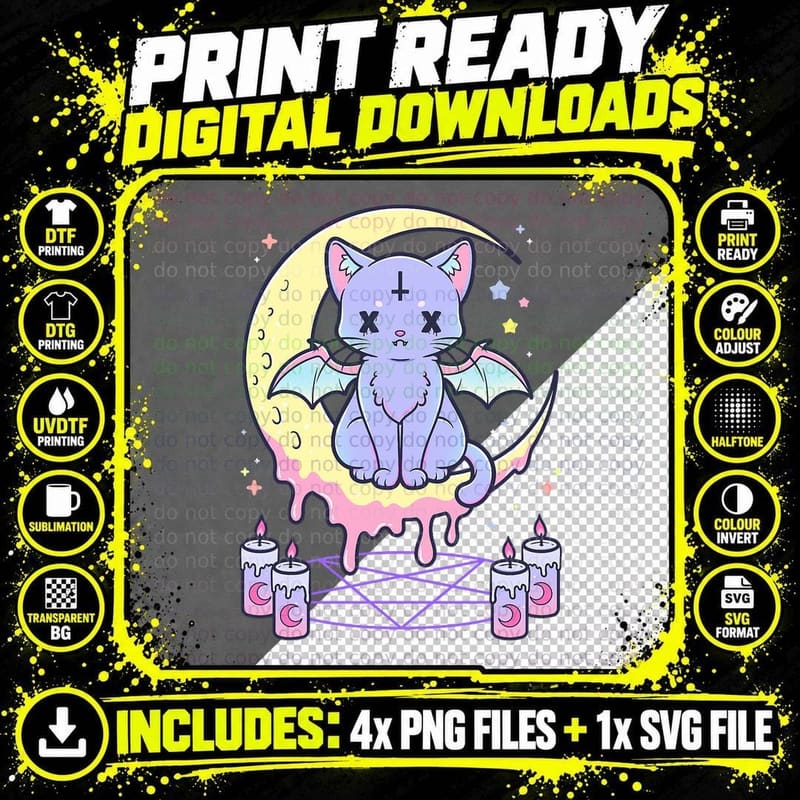 Kawaii Pastel Goth Cute Creepy Black Cat T-Shirt Png SVG Digital Bundle