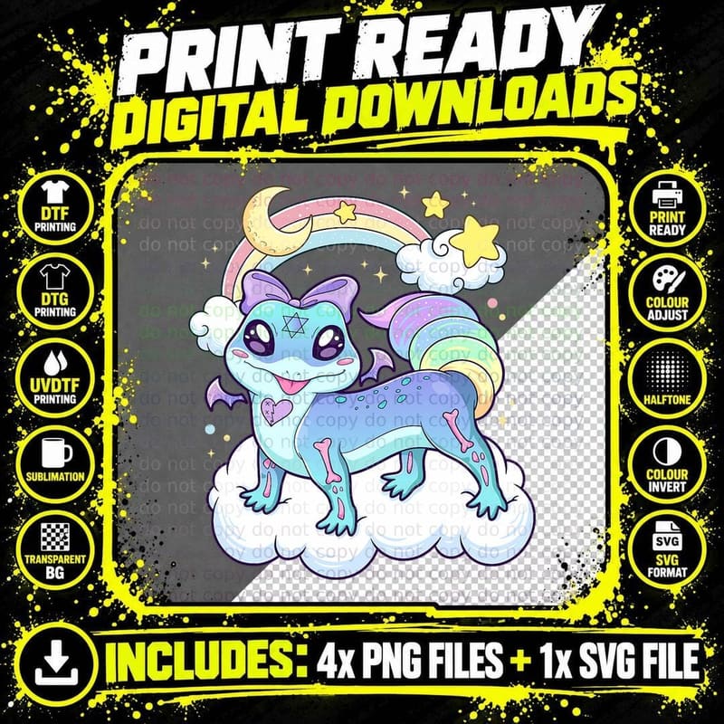 Kawaii Pastel Goth Cute Creepy Rainbow Lizard T-Shirt Png SVG Digital Bundle