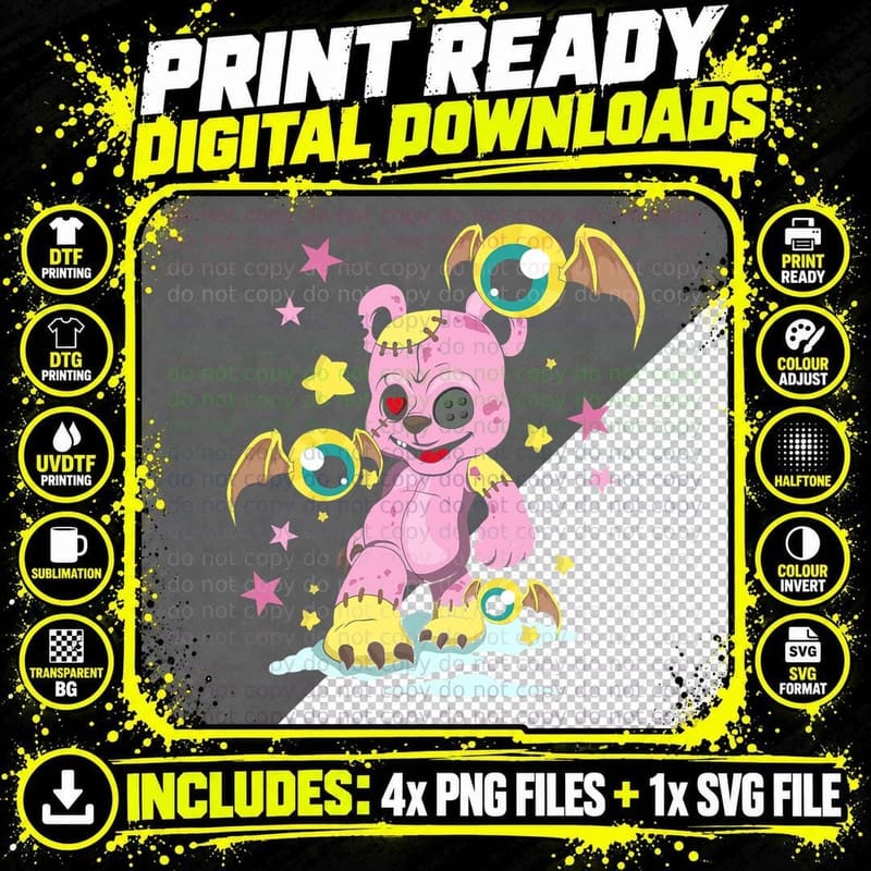 Kawaii Pastel Goth Cute Creepy Teddy Bear Pink Anime Png SVG Digital Bundle
