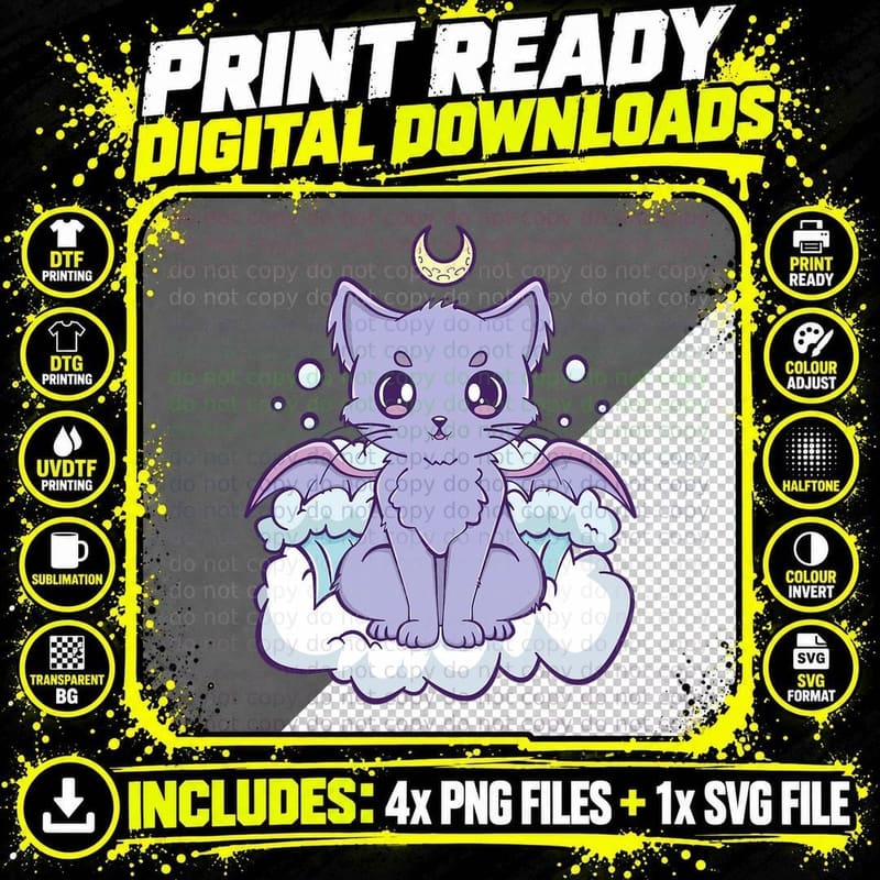 Kawaii Pastel Goth Cute Creepy Witchy Cat Kanagawa Anime Png SVG Digital Bundle