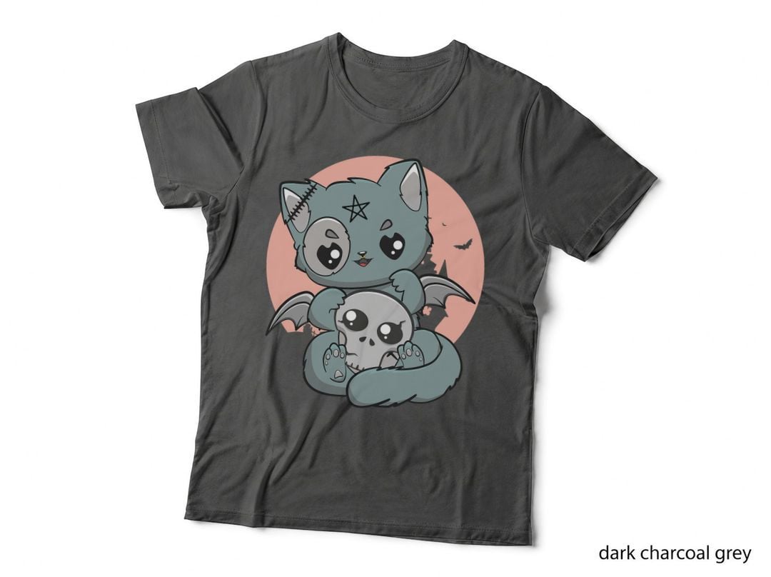 Kawaii Pastel Goth Cute Creepy Witchy Cat Skull Anime Manga T-Shirt