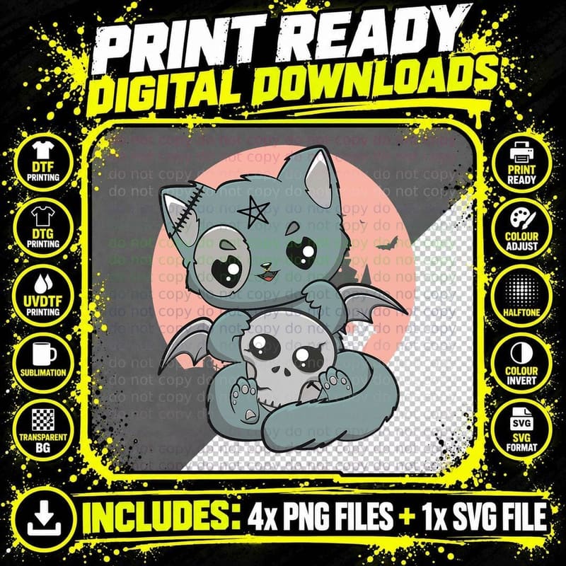 Kawaii Pastel Goth Cute Creepy Witchy Cat Skull Anime Png SVG Digital Bundle