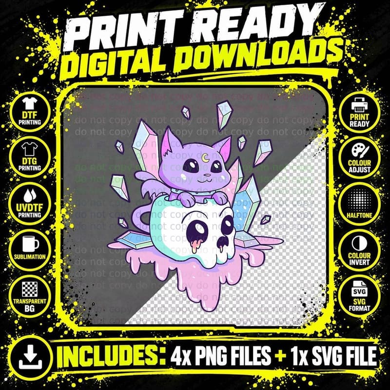 Kawaii Witchy Cat Cute Pastel Goth Creepy Cats Skull Png SVG Digital Bundle