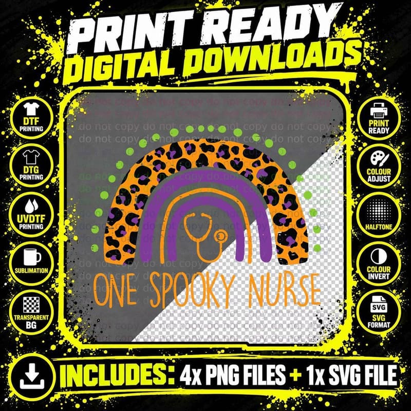 Leopard Rainbow One Spooky Nurse Halloween Costume Png SVG Digital Bundle