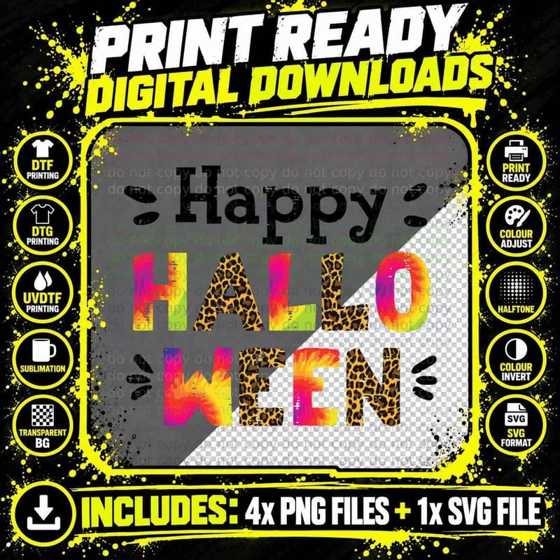 Leopard Tie Dye Happy Halloween Retro Costume Women Png SVG Digital Bundle