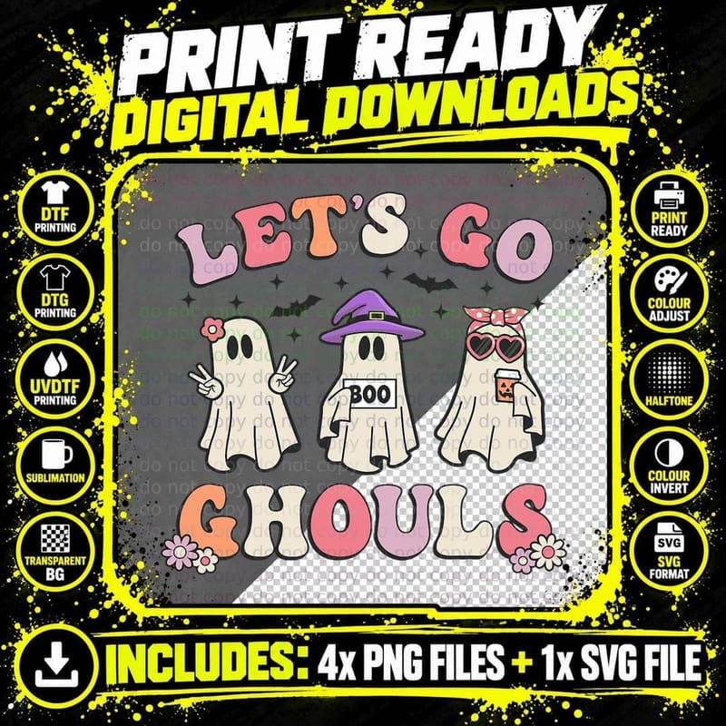 Lets Go Ghouls Retro Halloween Ghost Women Toddler Girl Png SVG Digital Bundle